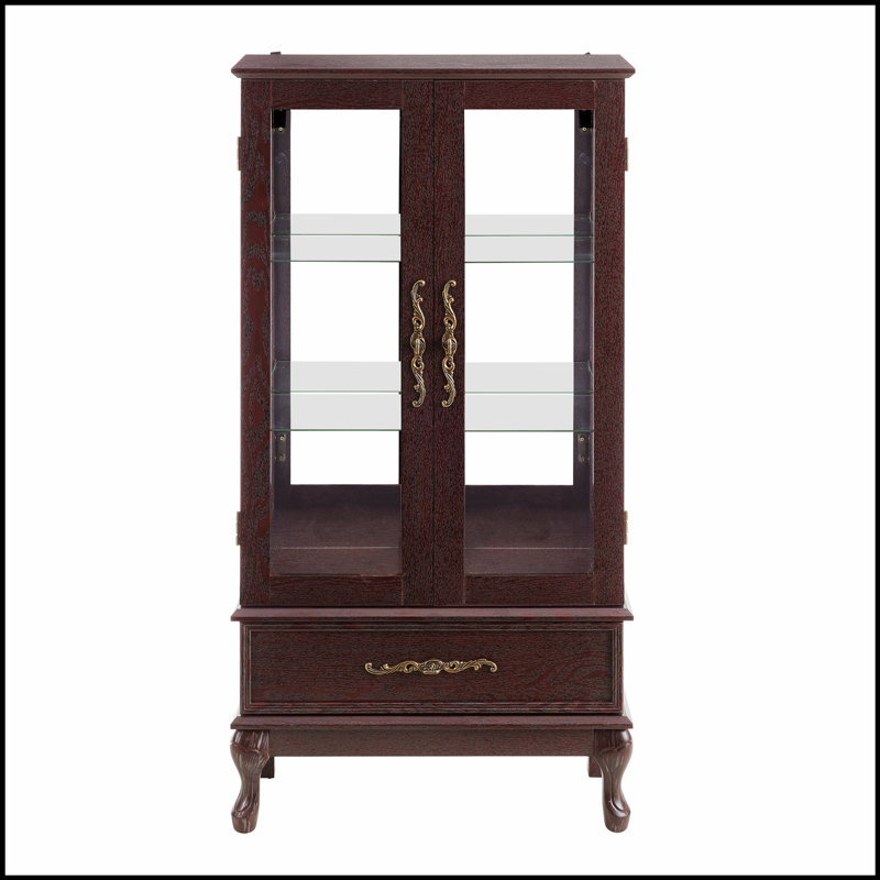 Vitrine Curio avec verre éclairé, tablettes réglables, 2 portes et 1 tiroir, finition cerisier foncé, Cerisier