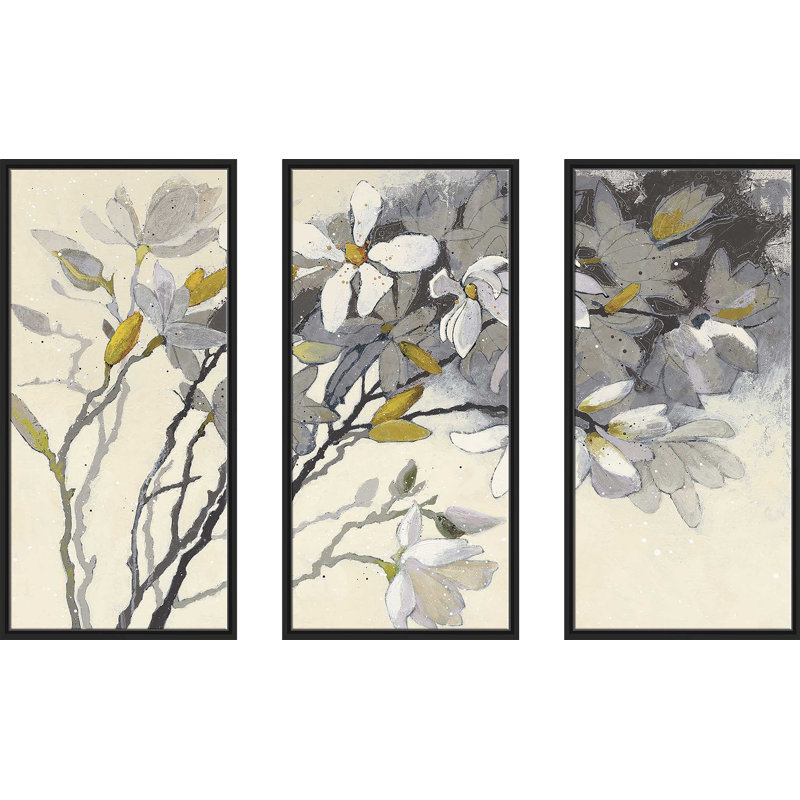 " Magnolias Yellow Grey " 3 - Pieces Painting Print, 33.5" H x 52.5" W x 2" D