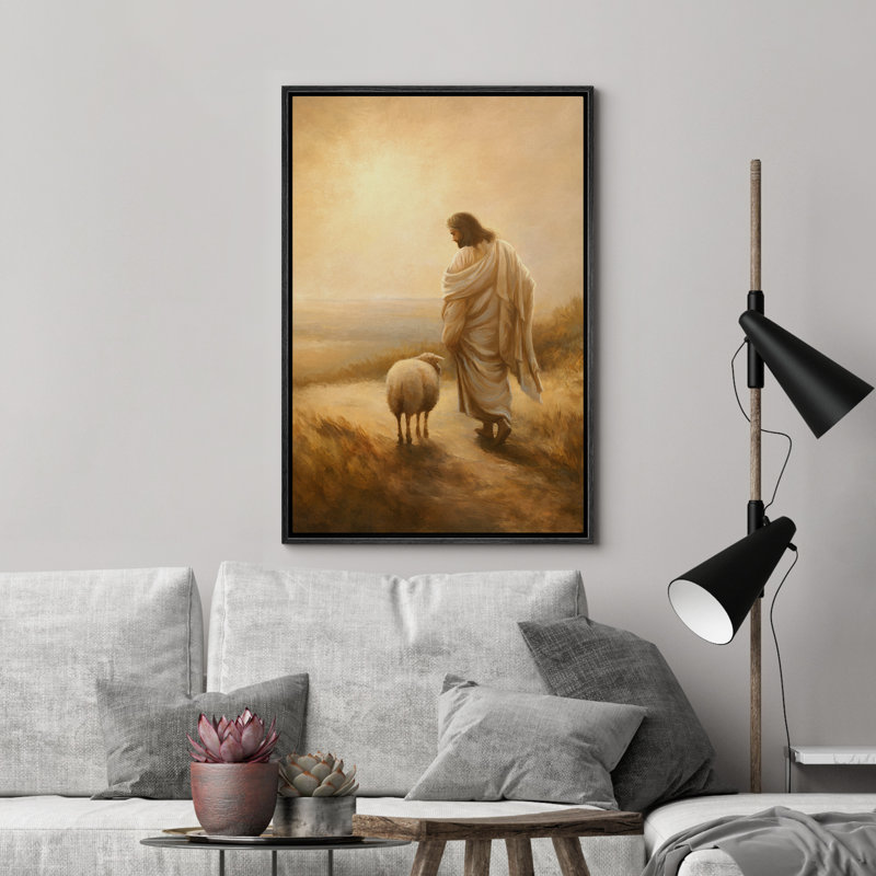 Illustration de Jésus-Christ et l'agneau perdu marchant dans la campagne, Noir, H 24 po x l 16 po