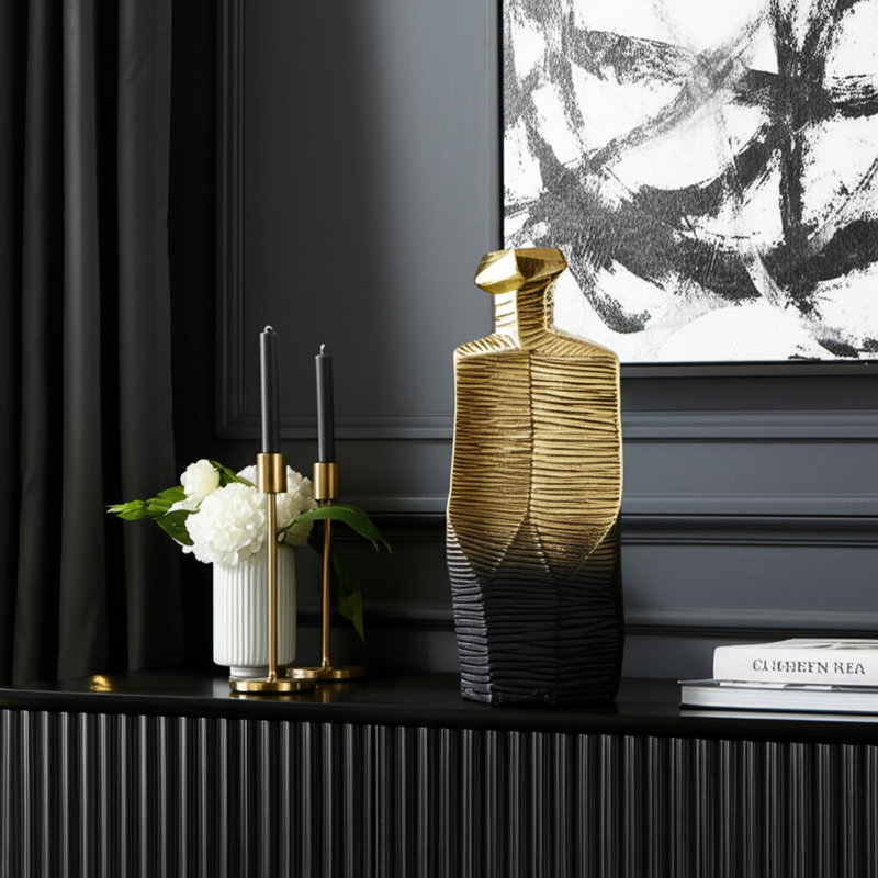 Modern Decorative Metal and Aluminum Vase with Sculptural Geometric Neck and Textured Glam Design, 16" H x 7" W x 4" D