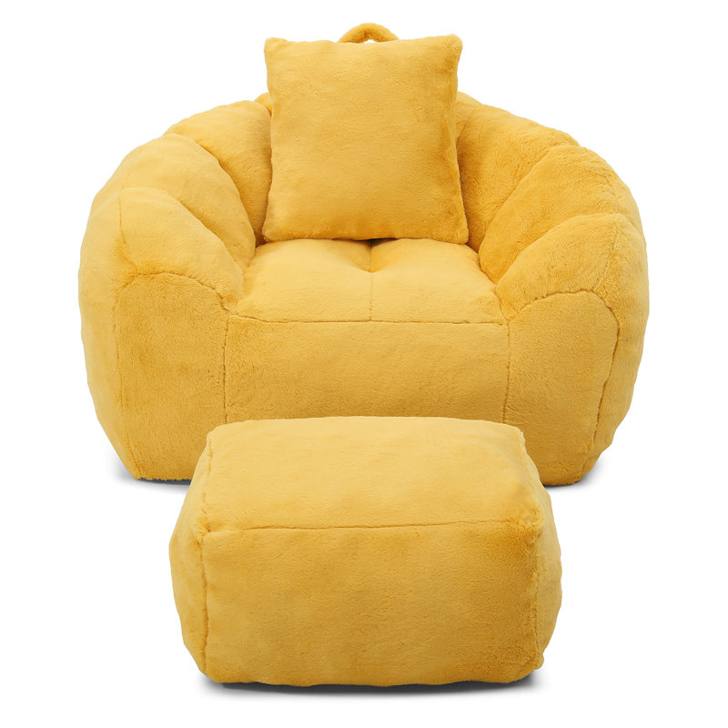 Fauteuil à billes surdimensionné avec repose-pieds, Similifourrure jaune