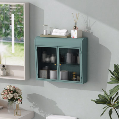 Armoire de rangement murale en métal 2 portes avec portes et tablettes en verre trempé
