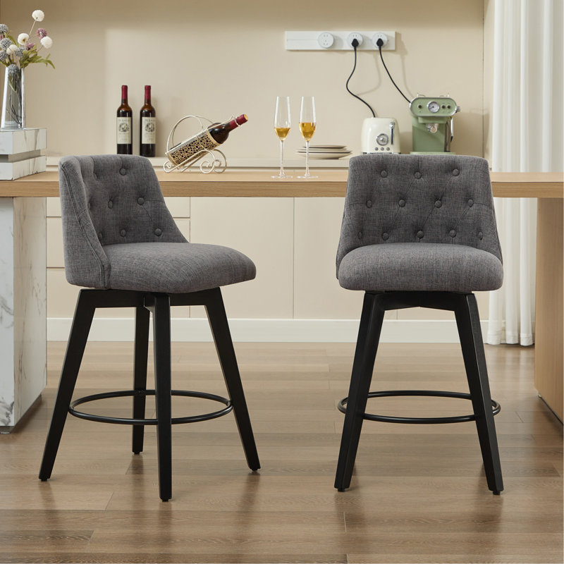 Ensemble de 2 tabourets de bar pivotants de 25 po de hauteur moderne avec revêtement en lin et dossier capitonné, tabourets de bar à cadre en bois massif pour îlot de cuisine, bar à déjeuner ou pub maison, gris foncé