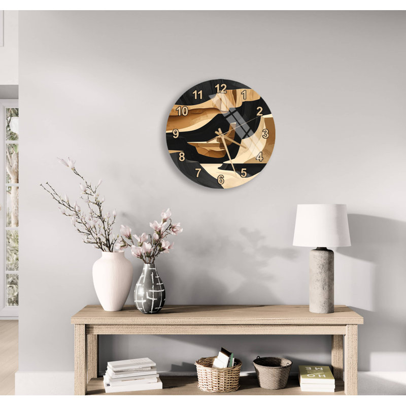 Horloge murale moderne en verre trempé - art abstrait noir doré, décoration minimaliste, cadeau de pendaison de crémaillère unique, grand cercle silencieux