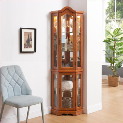 Corner Curio Cabinet, Lighted Display with Adjustable Shelves &amp; Push-to-Open Doors | Vintage Oak, Tempered Glass