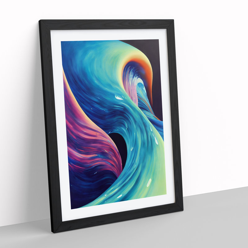 Neon Ocean Wave Abstract - Single Picture Frame Painting, Black Framed, 64cm H x 46cm W x 2cm D