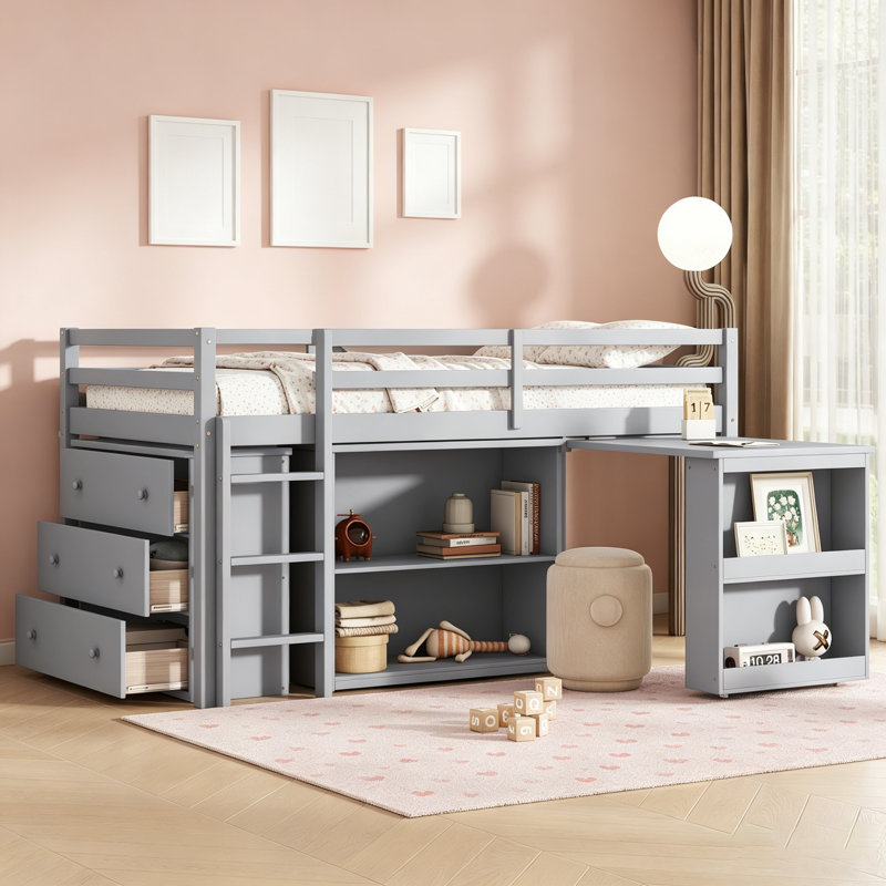 Lit mezzanine simple avec tiroir, tablette et bureau coulissant, barrière de sécurité, échelle, gris, conception peu encombrante