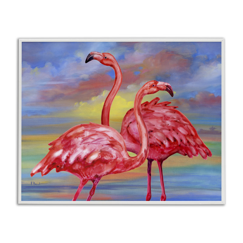 «Rainbow Sunset Flamants», estampe numérique encadrée par Paul Brent, Estampe numérique encadrée blanc bord de mer