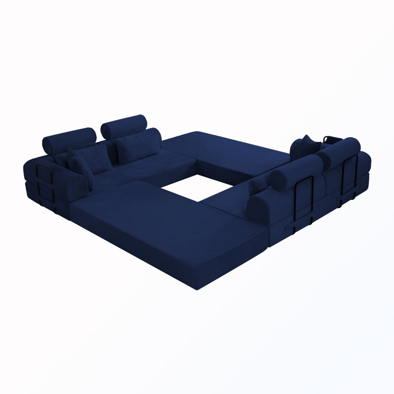 L-shape Upholstered Sectional Sofa, Dark Blue Corduroy