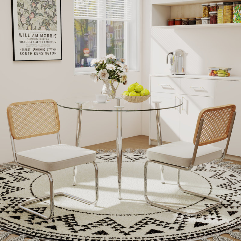 5-Piece Round Glass Top Dining Set, 29.5"H x 36"L x 36"W, Beige, 3 Pieces: Table, 2 Chairs