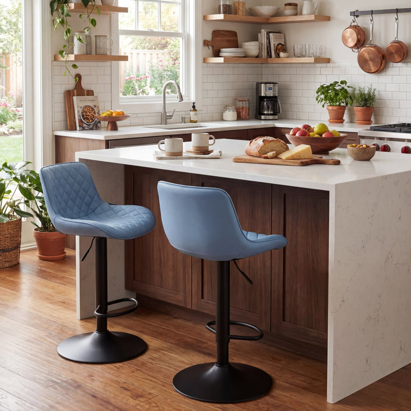 Zager Swivel Upholstered Adjustable Height Bar Stool, 2, Blue Faux Leather/Black Frame
