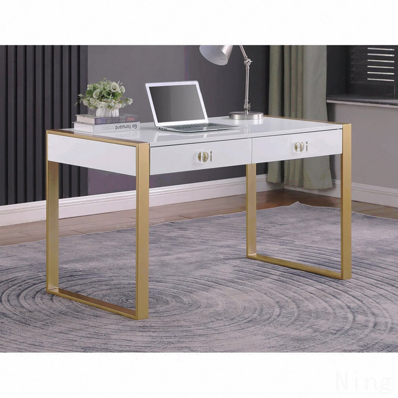 Bureau d'ordinateur moderne blanc / or, bois métal avec 2 tiroirs pour la salle d'étude de la maison, finition laquée