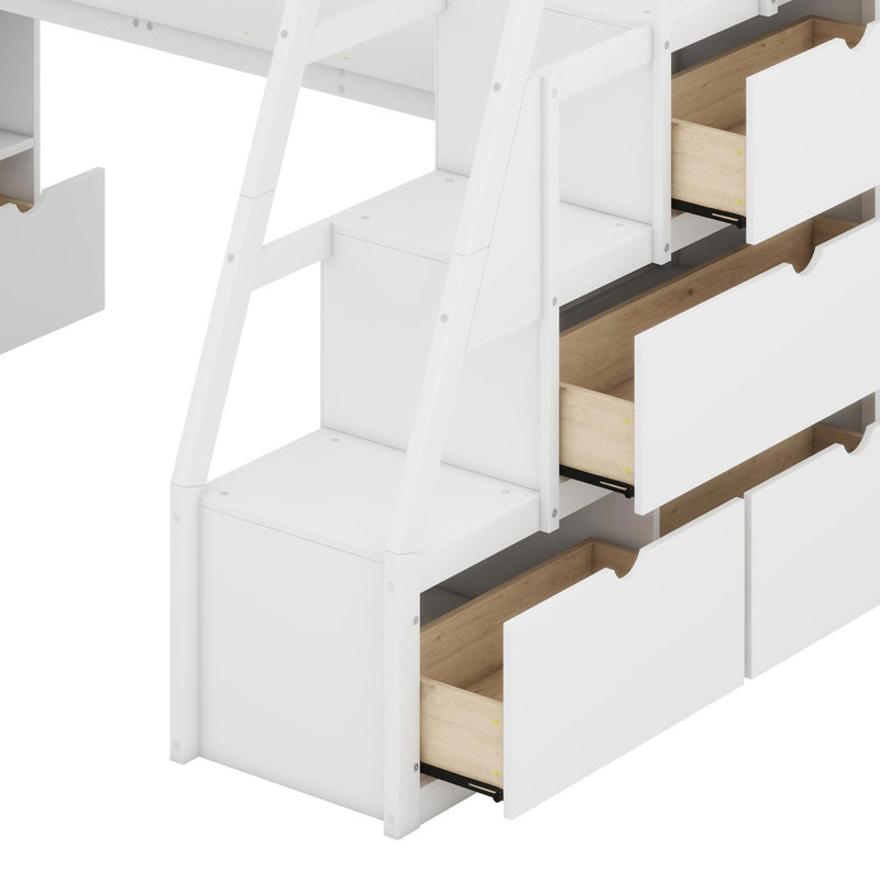 Lit mezzanine avec tiroirs, tablettes et bureau, Blanc