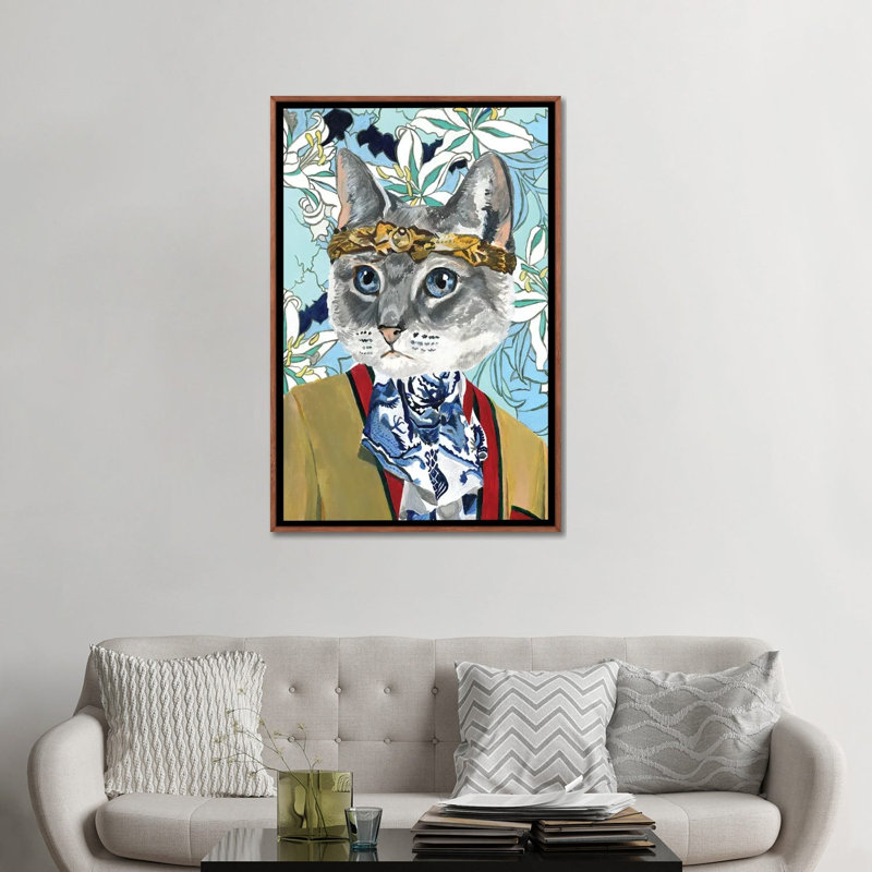 « Cat » par Heather Perry-imprimé, Pas de tapis, H 48 po x l 32 po x P 1,5 po, Toile avec cadre en bois brun classique