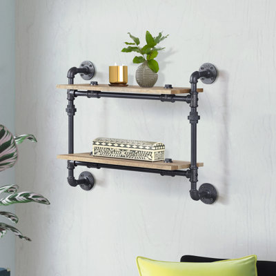 Étagère à 2 murs de style industriel - structure en métal, chêne et noir sableux, ajoute fonctionnalité à un support industriel à 2 tablettes et range des objets divers