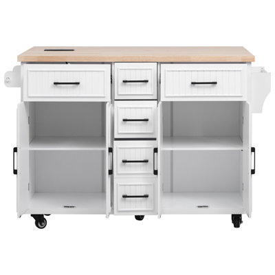 K&K 56.5'' Kitchen Island With Drop Leaf, Power Outlet, Embossed Vertical Stripe Rolling Kitchen Cart On Wheels With 4 Doors , 5 Deep Drawers And Adjustable Shelves, For Kitchen, Dining Room, White