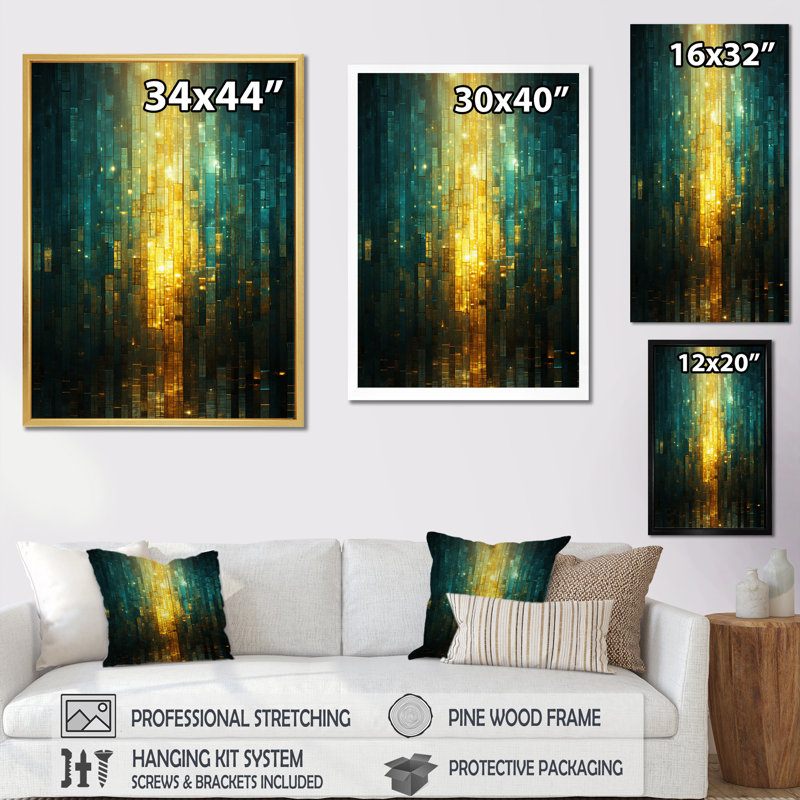 «Abstract Ocean Sunrise - Art mural moderne sur toile géométrique, H 32 po x l 16 po x P 1 po, Cadre simple noir