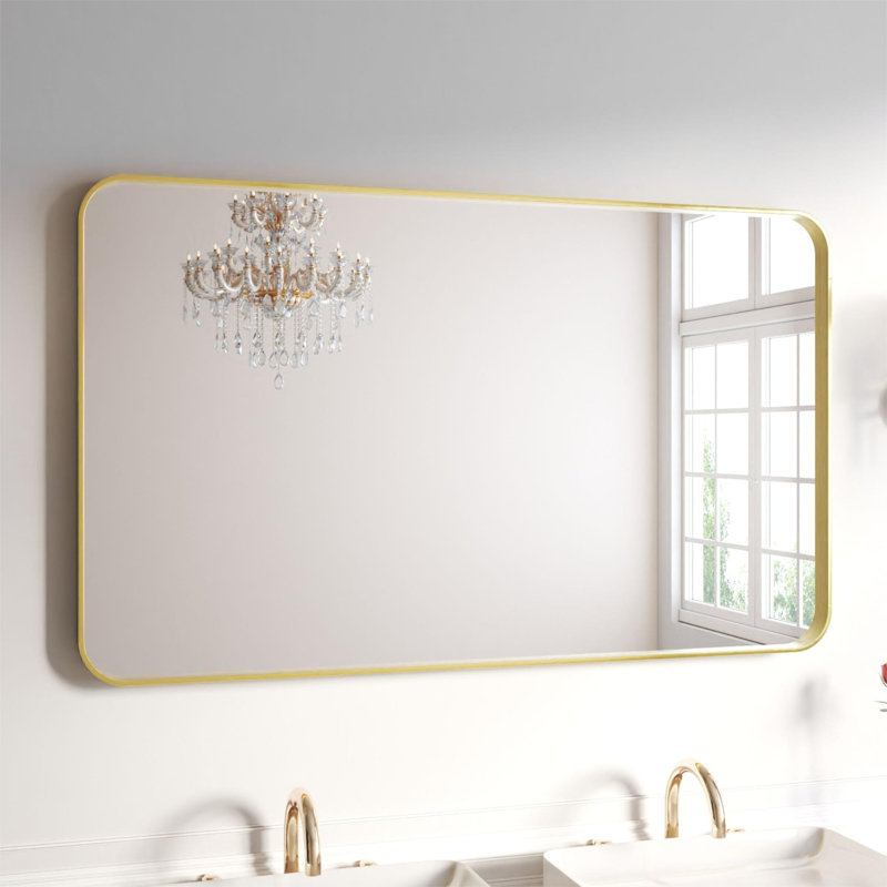 Élégant miroir encadré en aluminium avec coin arrondi pour une décoration intérieure élégante, 60 po x 36 po, Or brossé
