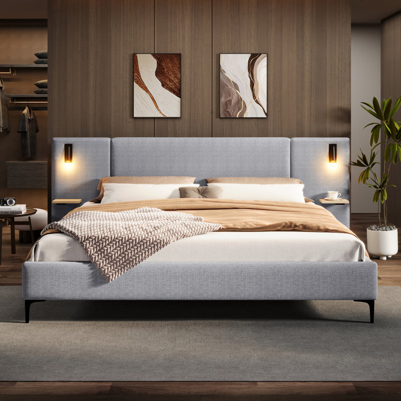 Lit tapissier chic avec lumières et tablettes intégrées, gris, grand