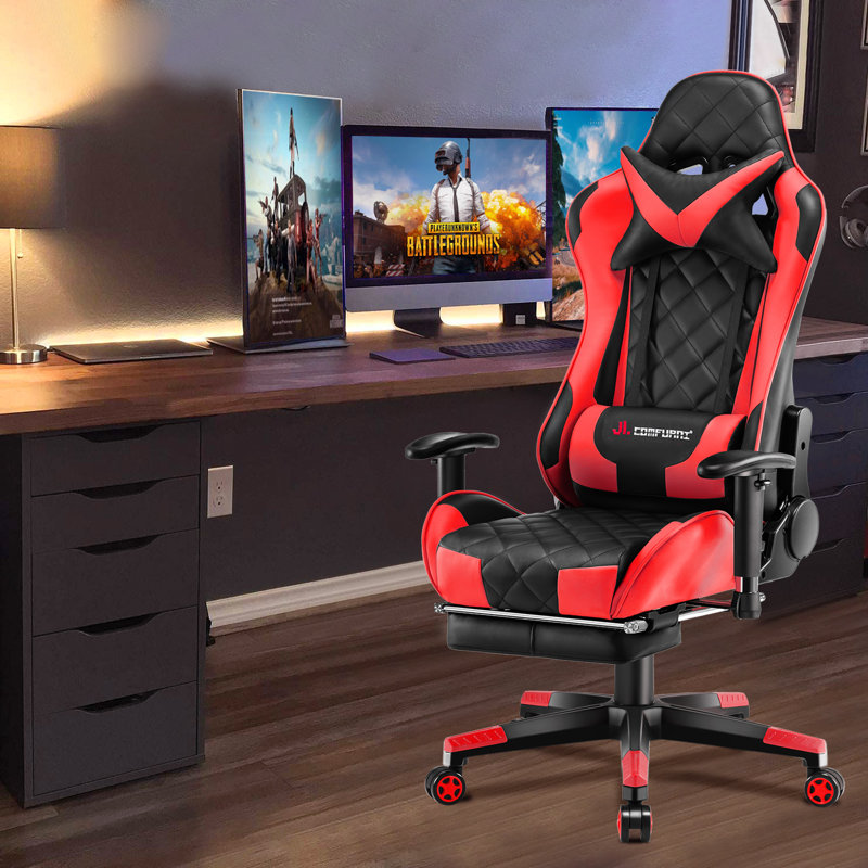 JL Comfurni Adjustable Reclining Ergonomic Faux Leather Swiveling PC & Racing Game Chair with Footrest, Red
