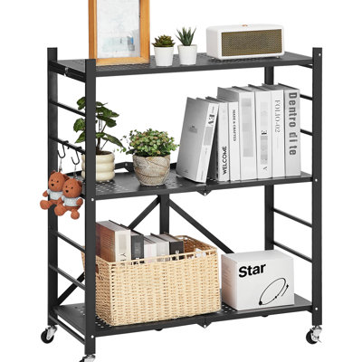 36-inch 3 Foldable Storage Shelf With Wheels, Easy Assembly, 5 Swivel Wheels For Smooth Mobility, Q235a Carbon Steel, Detachable Feet, Crossbar, Compact Small Spaces