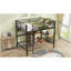 Lit mezzanine double en métal et bois avec bureau en L et tablettes, noir et brun