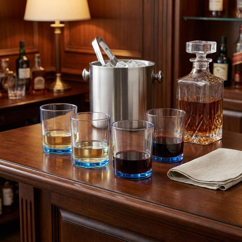 Ensemble de quatre verres à whisky sans pied en acrylique bleu