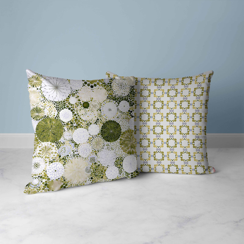 Green and Cream Floral Geometric Faux Suede Throw Pillow