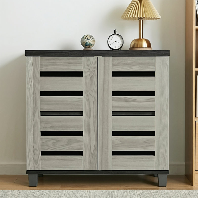 Millan Crete Lismore 12 Pair Shoe Storage Cabinet, Black/Warm Gray Oak