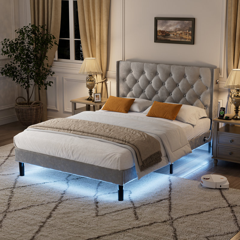 Upholstered Bed Frame with Diamond Button Tufted Headboard, Grey, Double (4'6)