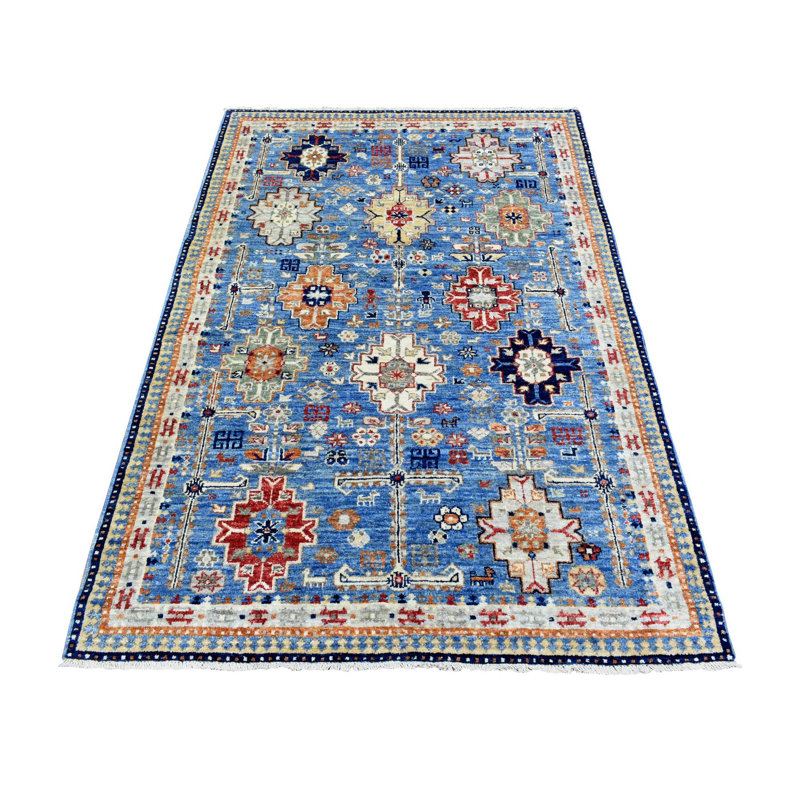 Tapis unique en laine noué à la main 4 pi x 5 pi 10 po nouvel âge en bleu clair / rouge / ivoire Tameya