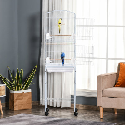 PawHut 60" Metal Indoor Bird Cage Starter Kit with Detachable Rolling Stand, Storage Basket, and Accessories, White