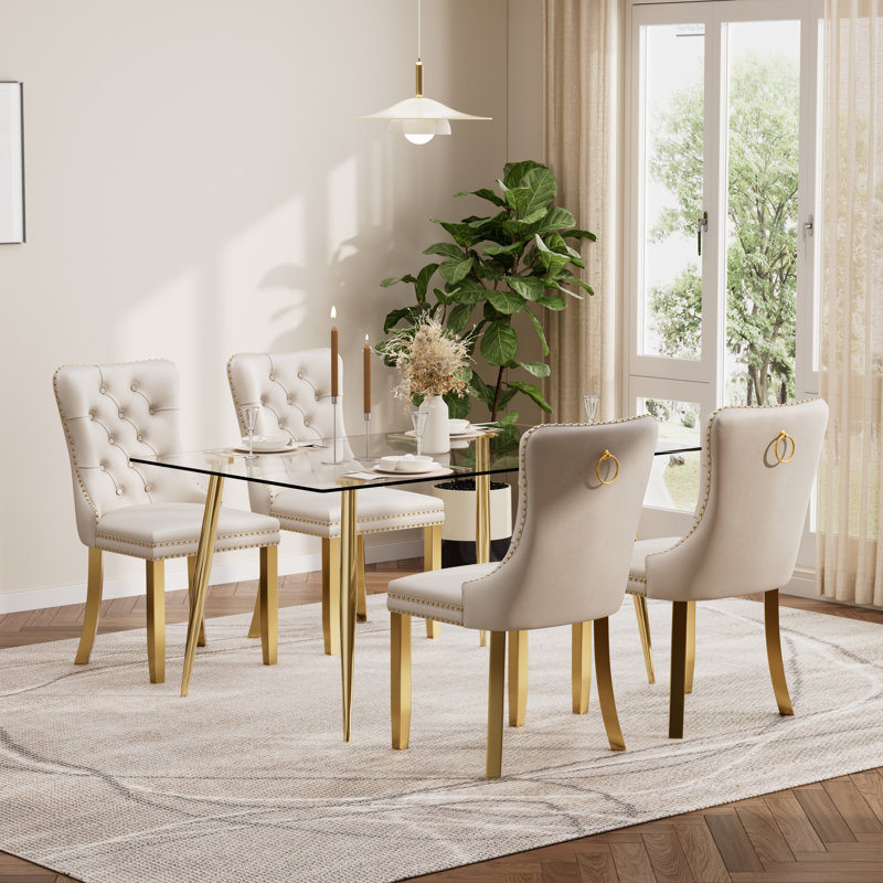 Ensemble de table de salle à manger rectangulaire moderne en verre trempé, table de salle à manger de luxe avec chaise de salle à manger en velours capitonné