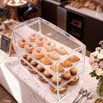 Bakery Display Case, 3-Tier Commercial Countertop Pastry Display Case, Clear Acrylic Bread Box for Kitchen, Party Cake Cabinet with Flip-Up Door for Cookie Dessert Donut Bagel, 19" x 9.1" x 15"