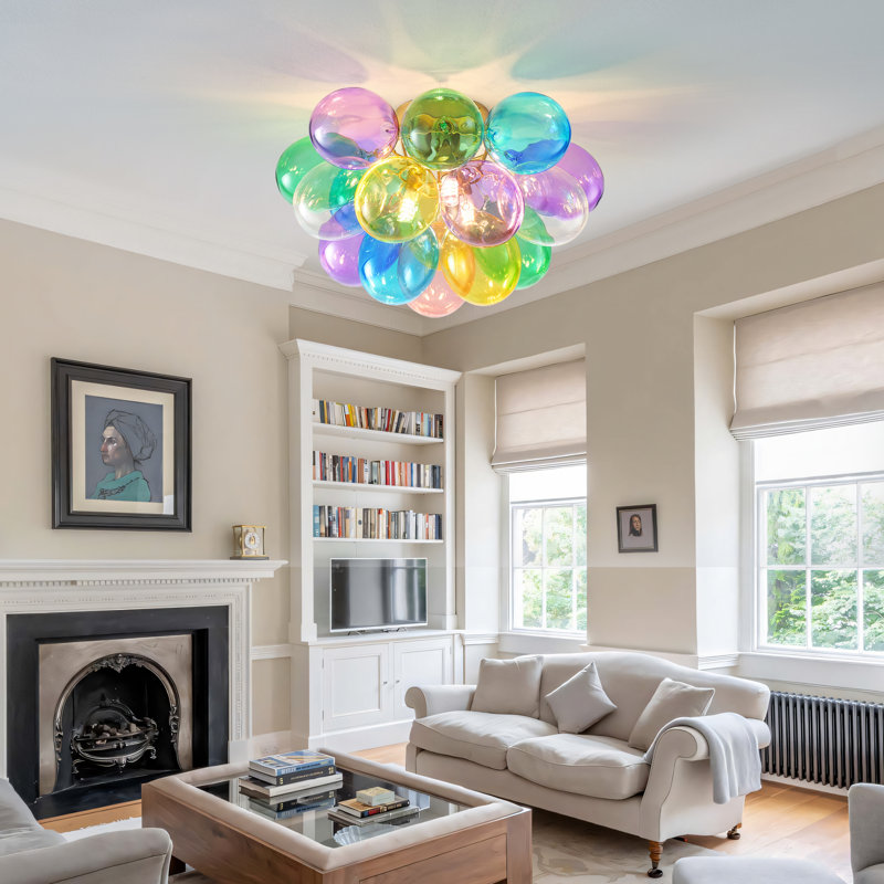 Lustre encastré 3 lumières en verre coloré avec globe en verre coloré et finition dorée pour chambre d'enfant, chambre à coucher, salle à manger et entrée