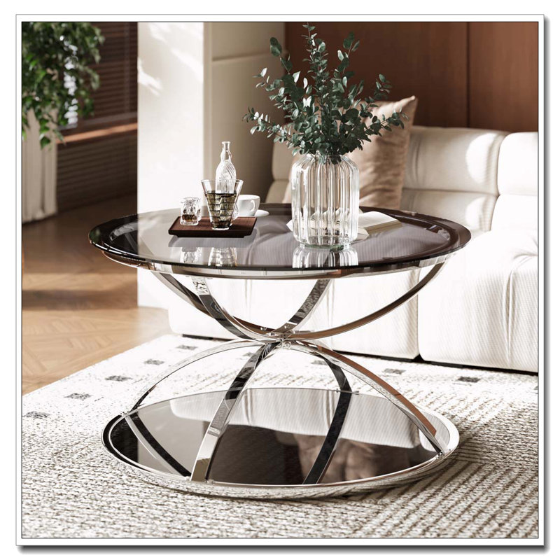 Table basse moderne en verre 31,50 "avec 2 niveaux, Argent