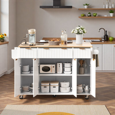 Rolling Fluted Kitchen Island With Drop Leaf, Power Outlet, 4 Doors, 3 Drawers, Curved Edge And Spice Rack