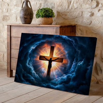 Toile, une scène dramatique et éthérée représentant une grande croix en bois, art illuminé par une lueur radieuse ardente