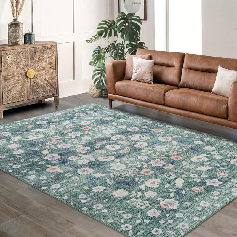 Tapis floral lavable de 10 pi x 13 pi idéal pour la salle à manger, Vert