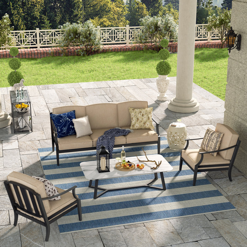  Tamarin 4 Pieces Aluminum Patio Conversation Seating Group With Sunbrella® Cushions And Sintered Stone Table