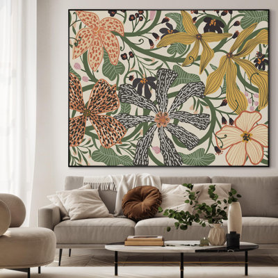 Vibrant Colorful Floral Botanical Pattern Art Illustrations Extra Large Framed Wall Art Print Decor (Frame Assembly Required)