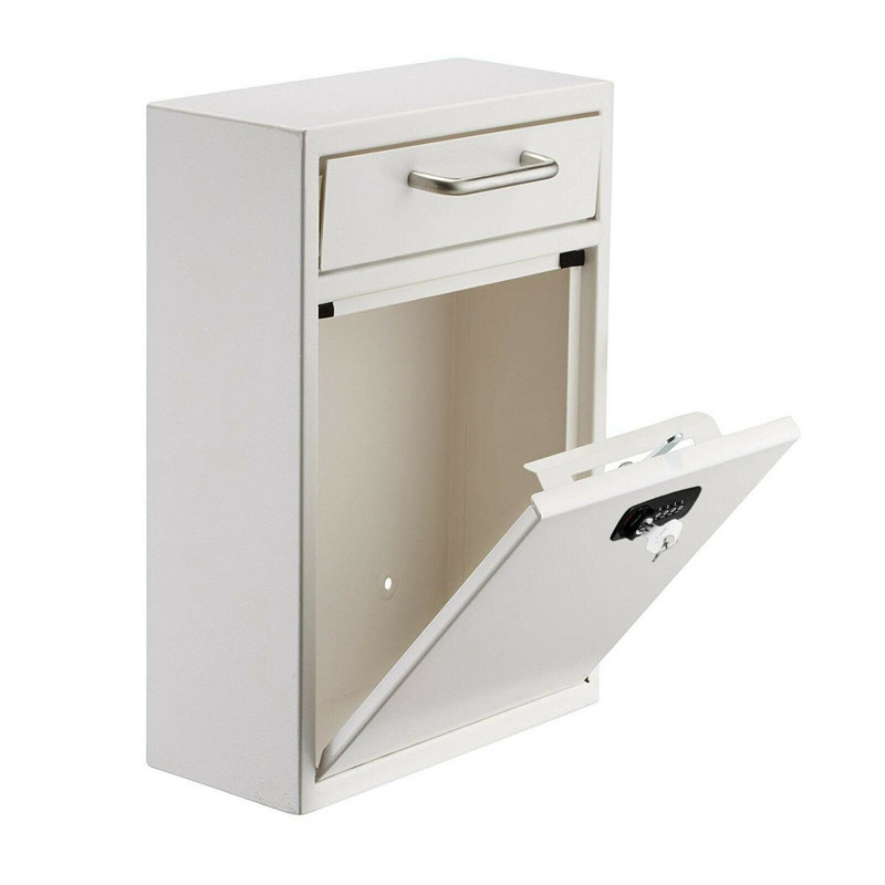 Wall-Mount Secure Drop Box Mailbox with Key and Combination Locking System, 16.2" H x 11.2" W x 4.7" D, White