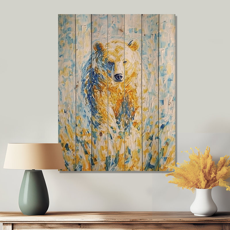 «Grizzly Bear In Summer Landscape I», art mural moderne sur bois de pin naturel, H 32 po x l 24 po