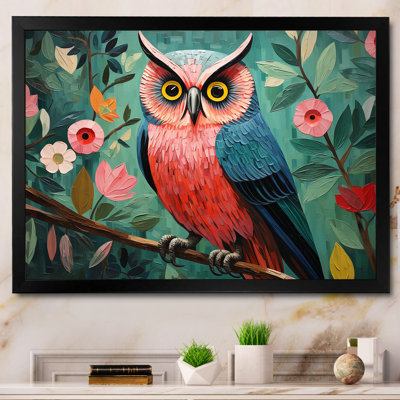 Blue and pink Owls gaze floral forest I - Owl Framed Prints