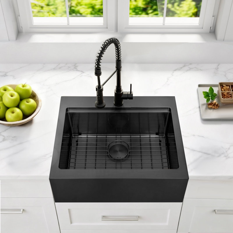 Évier de cuisine de grande taille 26 po x l 22 po à cuve simple en acier inoxydable, Noir mat