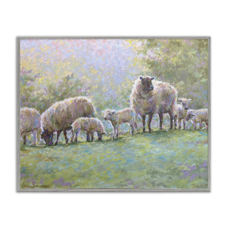 «Misty Morning Sheep on Hill», art giclée par Linda Sperruche, H 11 po x l 14 po, Estampe numérique Farmhouse
