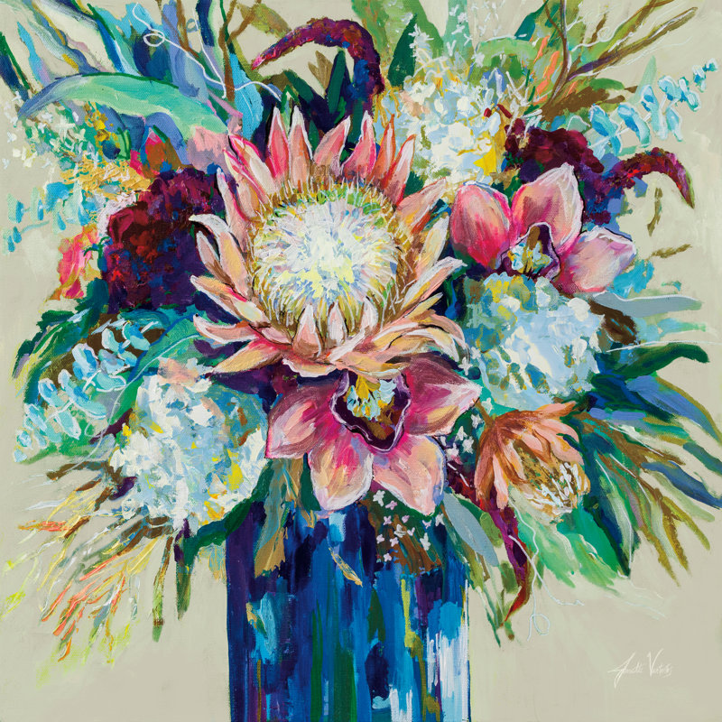 Marias Bouquet On Warm Grey by Jeanette Vertentes - Wrapped Canvas Painting, 30cm H x 30cm W x 3.8cm D