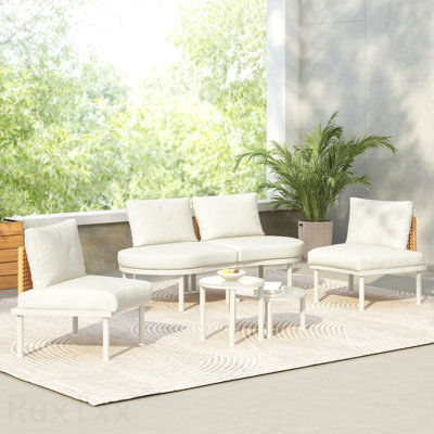 Beige 6-Piece Patio Sofa Furniture Set Half Moon Outdoor Sectional Sofa With 2 High-Low Coffee Tables Pe Wicker Rattan Tempered Glass 4 Pillows & Cushions For Backyard Garden Poolside