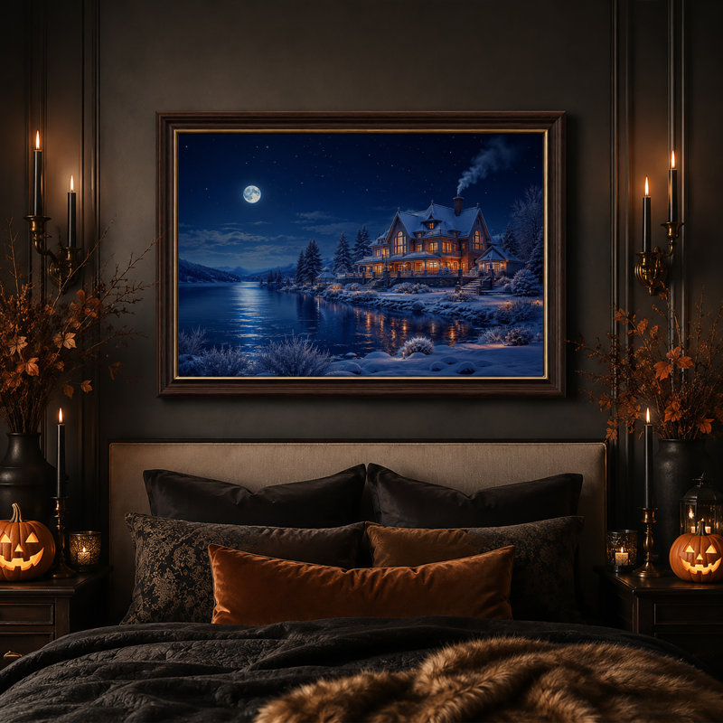 Maison enneigée se reflétant dans un lac sous la pleine lune - Toile murale d'Halloween, H 12 po x l 18 po