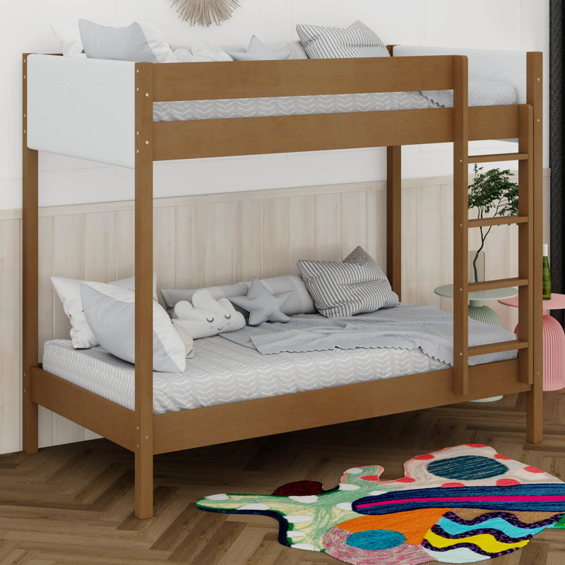 Twin Over Twin Upholstered Bunk Bed Frame With Ladder, Safety Guardrails